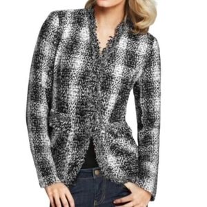 Carol Anderson by Invitation Black White Plaid Tweed Fringe Blazer Jacket Size 4